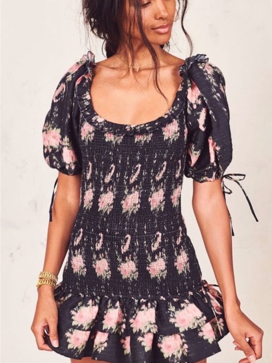 LoveShackFancy Dresses & Skirts - LoveShackFancy Black Floral Smocked Mini Dress with Puff Sleeves size M